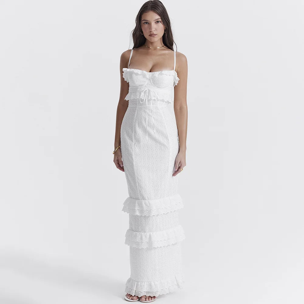 Stijlvolle Witte Geborduurde Maxi Jurk – Alina