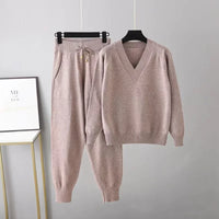 Tweedelige Gebreide Dames Set met V-hals Trui & Broek – Noelia