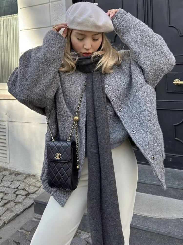 Oversized Wool Coat with Round Neck and Buttons - Selena