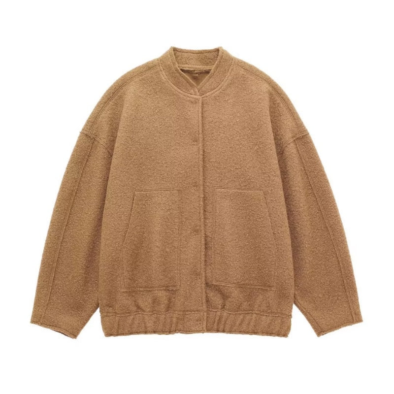 Oversized Wool Coat with Round Neck and Buttons - Selena