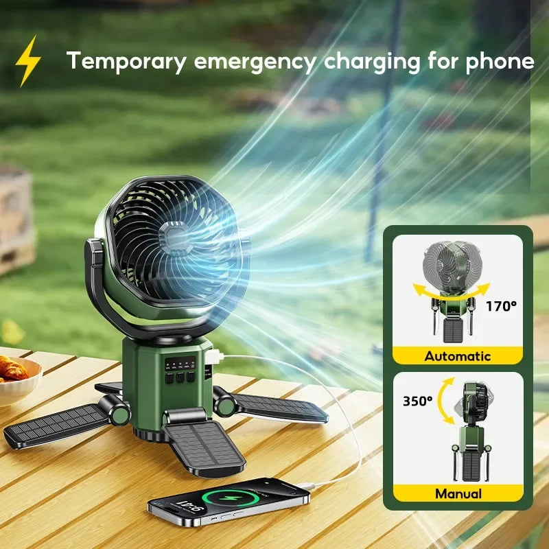 Zonnedraagbare Campingventilator met 6000mAh Batterij, LED-Licht & 4-Snelheden Koeling – SunBreeze
