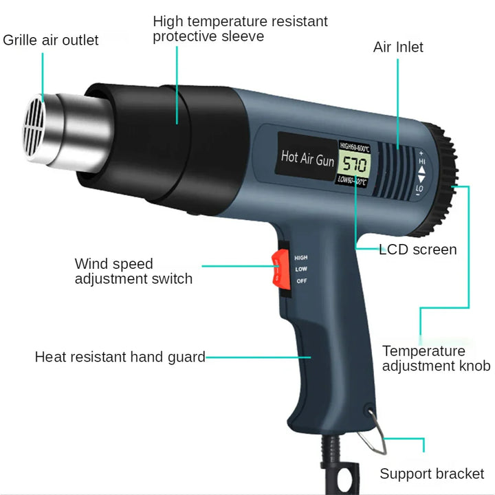 2000W Industrial Electric Heat Gun with Digital LCD Display Adjustable Temperature – ProTherm