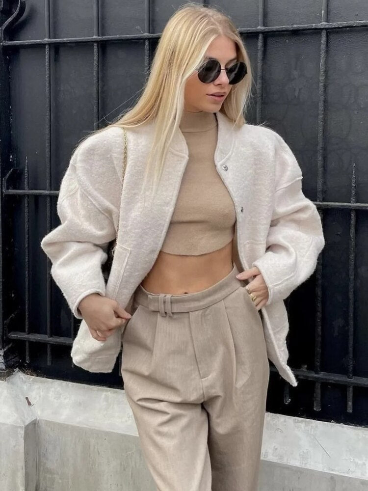 Oversized Wool Coat with Round Neck and Buttons - Selena