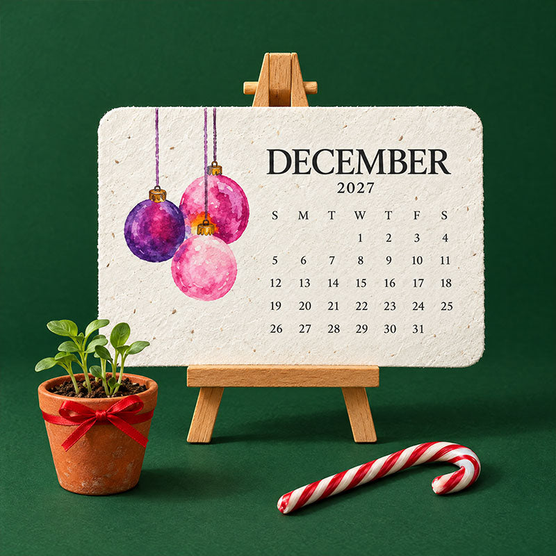 Kalenderkaart december met roze en paarse kerstballen op een ezeltje, naast een potje met kiemplantjes en een zuurstok 3