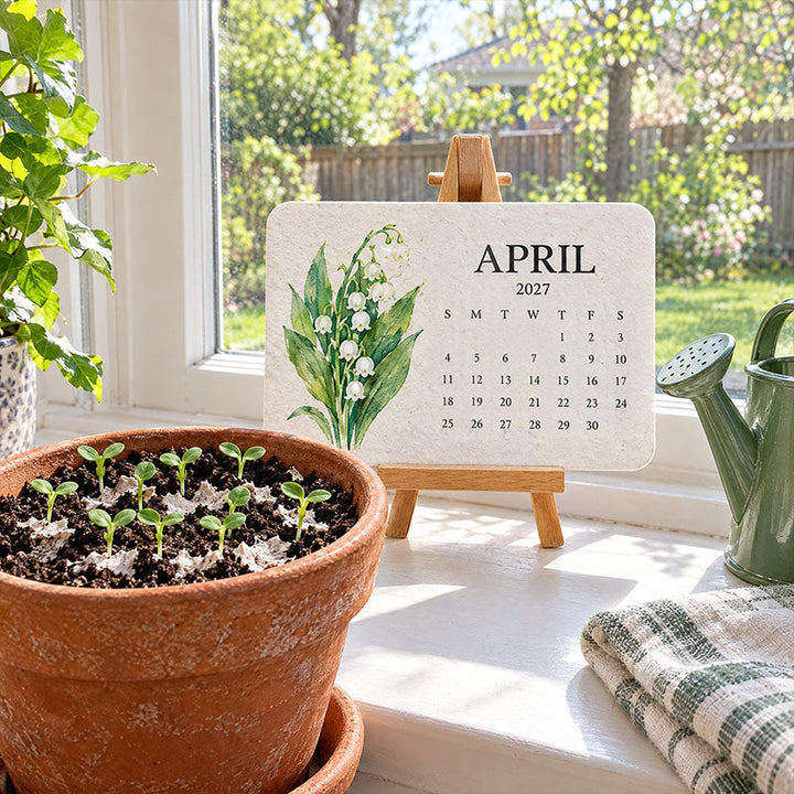 Aprilkaart met lelietjes-van-dalen op een vensterbank naast een terracotta pot met kiemplantjes en een groene gieter 11