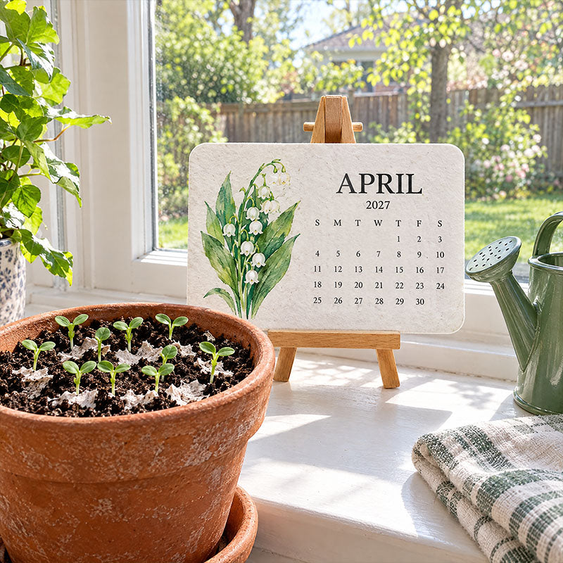 Aprilkaart met lelietjes-van-dalen op een vensterbank naast een terracotta pot met kiemplantjes en een groene gieter 11