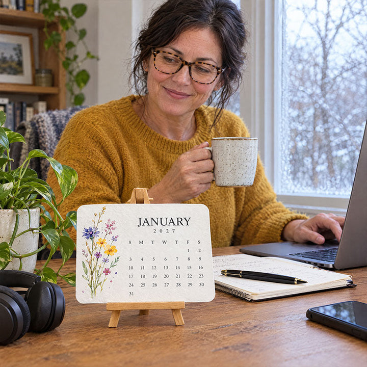 Kalenderkaart met wilde bloemen op een houten bureau, terwijl een vrouw met koffiemok achter haar laptop werkt 6