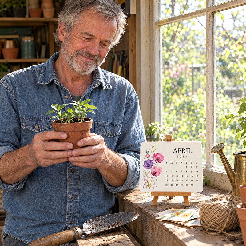 Tuinier in een tuinhuisje houdt een potje met jonge plantjes vast, naast een aprilkaart op een klein ezeltje 7