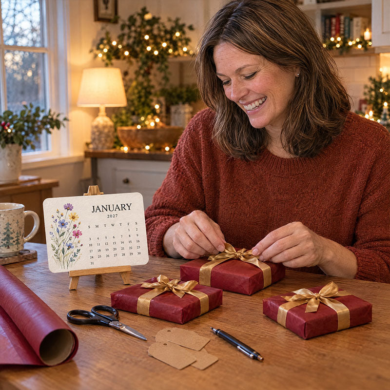 Lachende vrouw pakt cadeaus in met rood papier en gouden strikken, naast de kalenderkaart met bloemen op een ezeltje 8