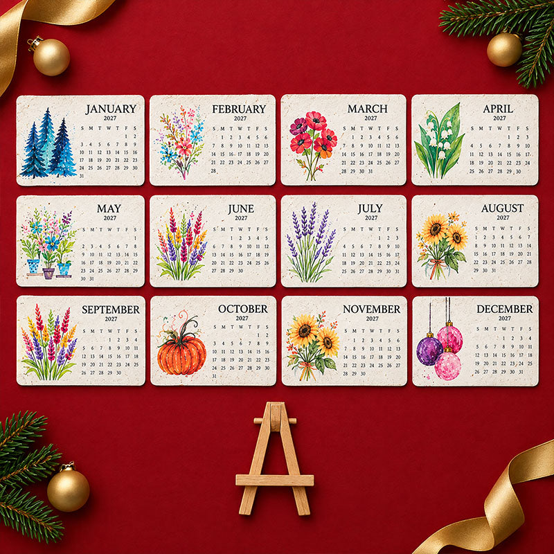Overzicht van alle twaalf maandkaarten van januari tot december met bloemen, pompoen en kerstballen, plus een houten ezeltje 10