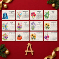 Overzicht van alle twaalf maandkaarten van januari tot december met bloemen, pompoen en kerstballen, plus een houten ezeltje 10