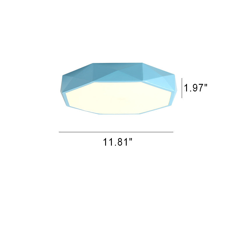 Blauwe plafondlamp op een witte achtergrond met maataanduiding voor de kleinste maat 7