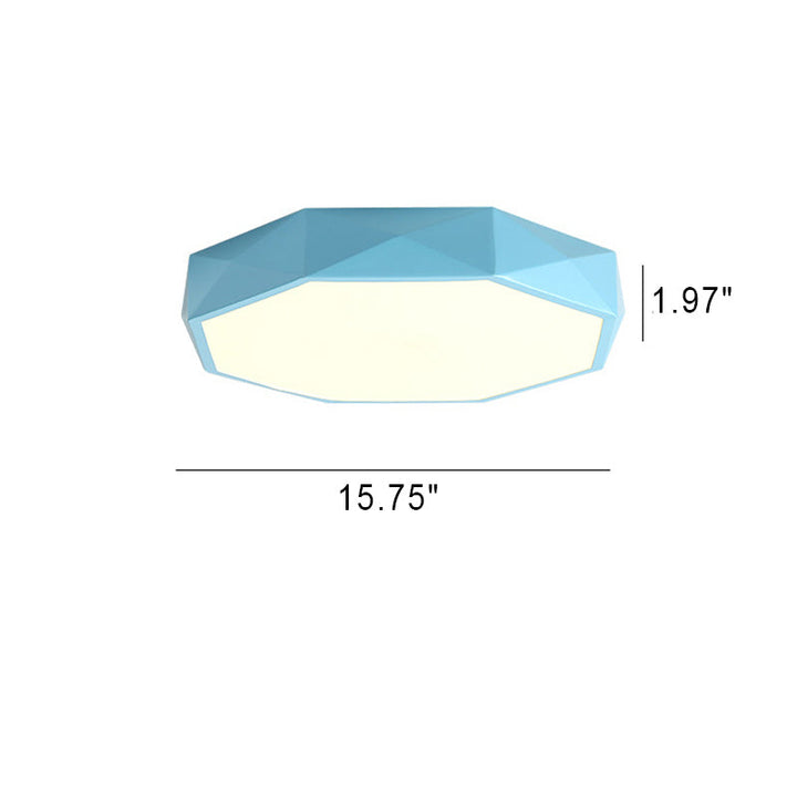Blauwe plafondlamp op een witte achtergrond met maataanduiding voor de middelste maat 8