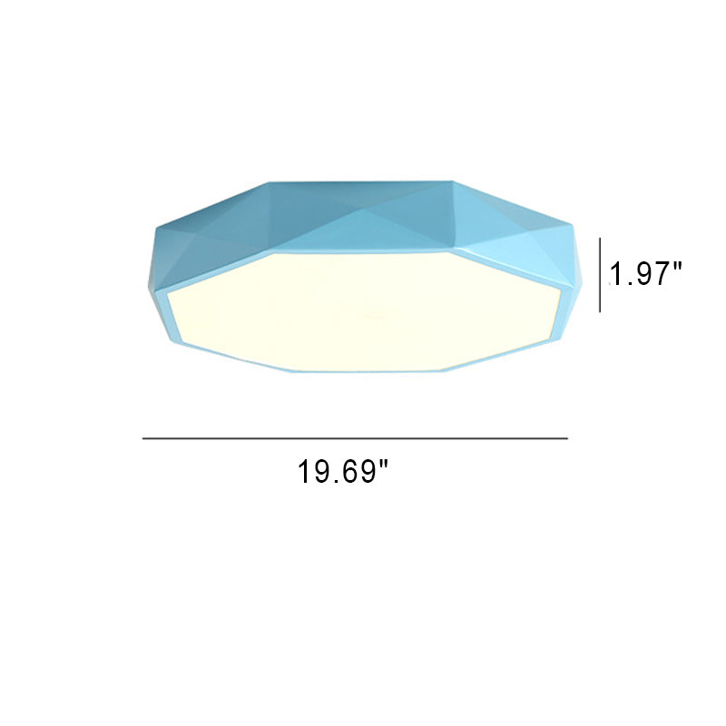 Blauwe plafondlamp op een witte achtergrond met maataanduiding voor de grootste maat 9