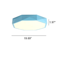 Blauwe plafondlamp op een witte achtergrond met maataanduiding voor de grootste maat 9
