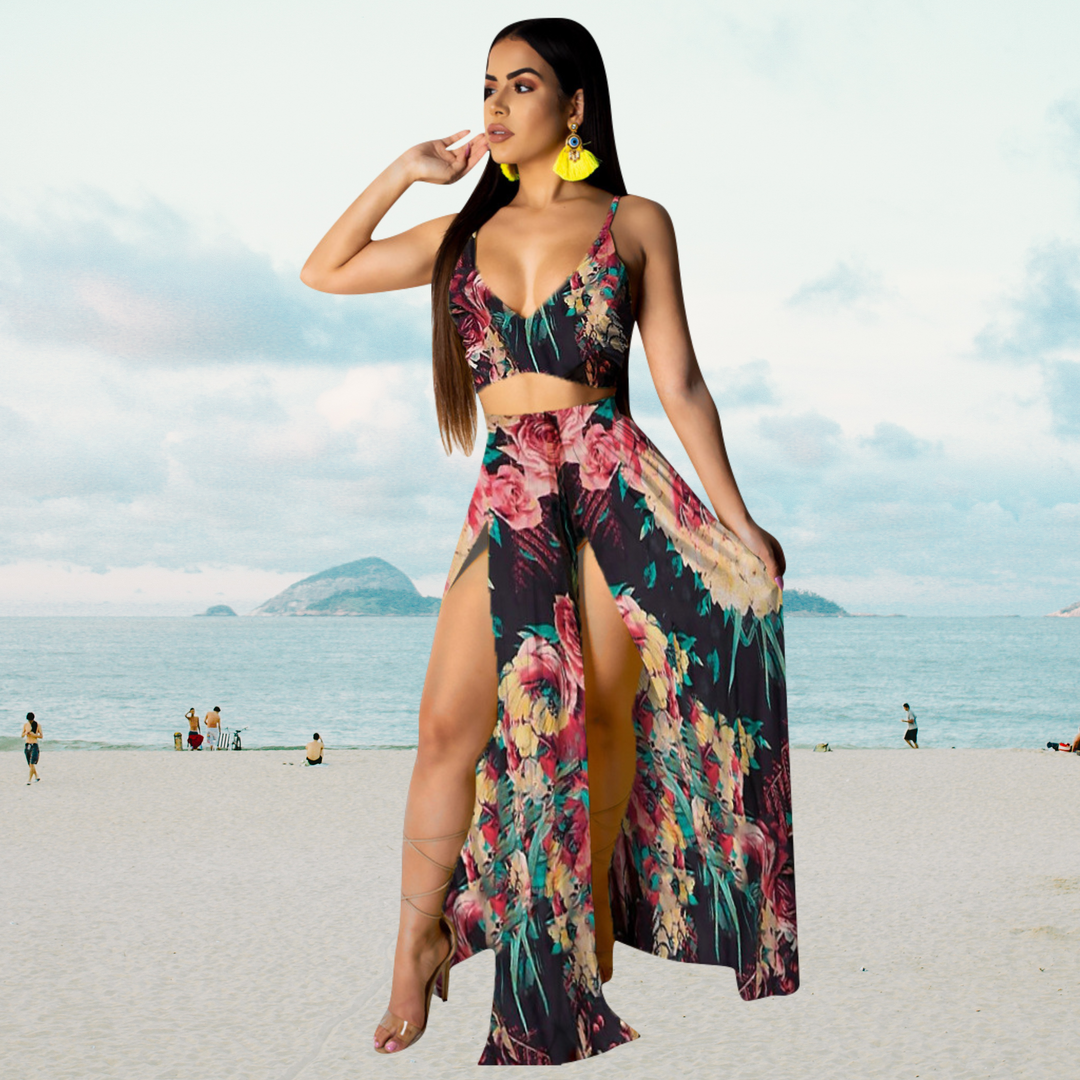 Summer set with halter top and long skirt with slit – Naïma