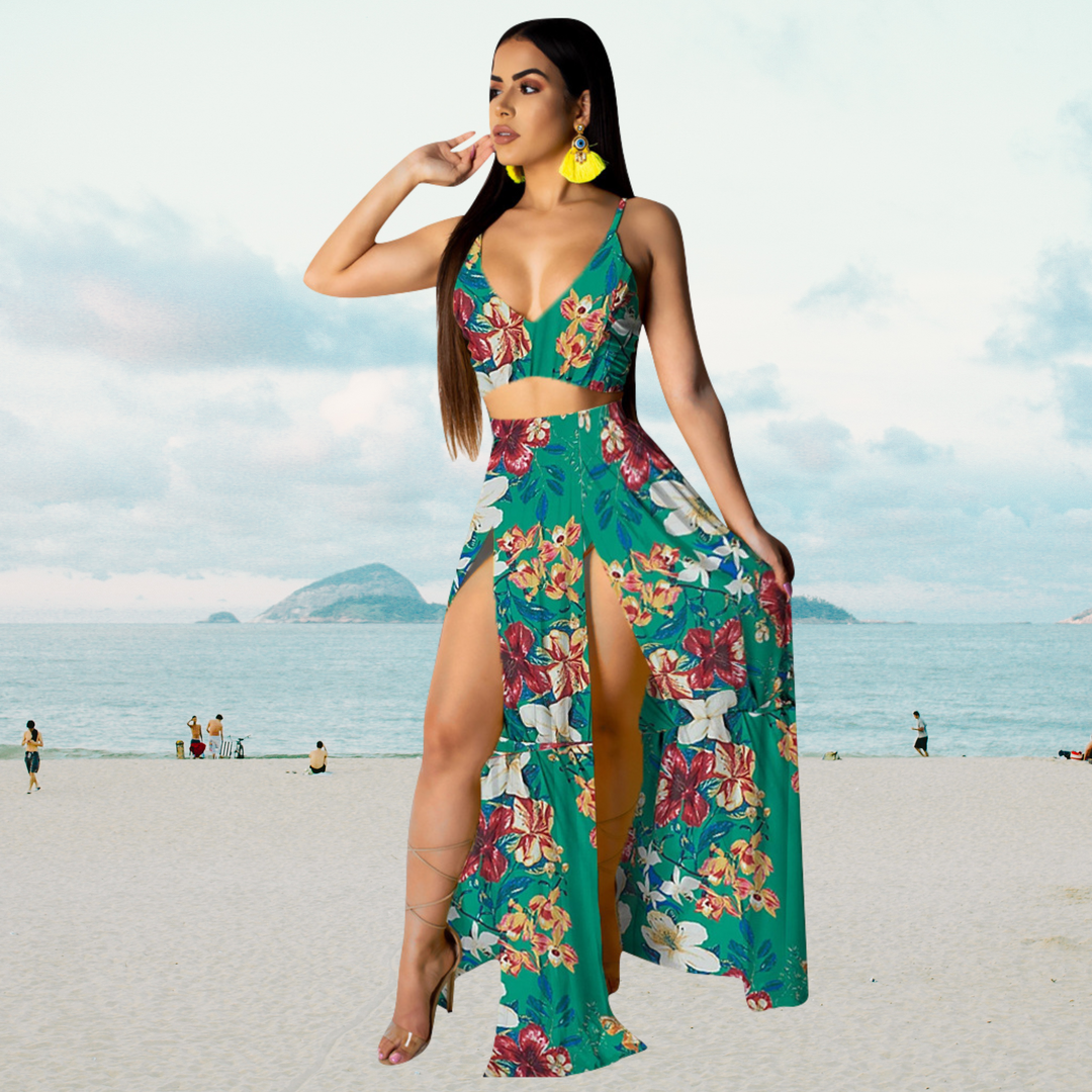Summer set with halter top and long skirt with slit – Naïma