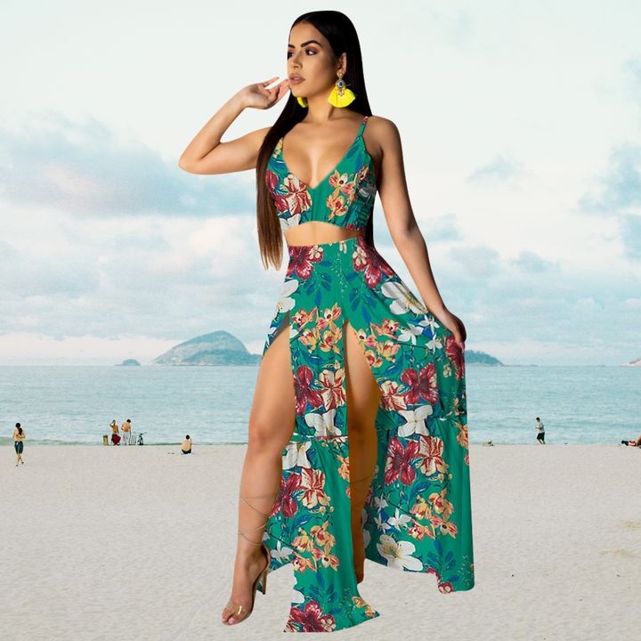 Summer set with halter top and long skirt with slit – Naïma