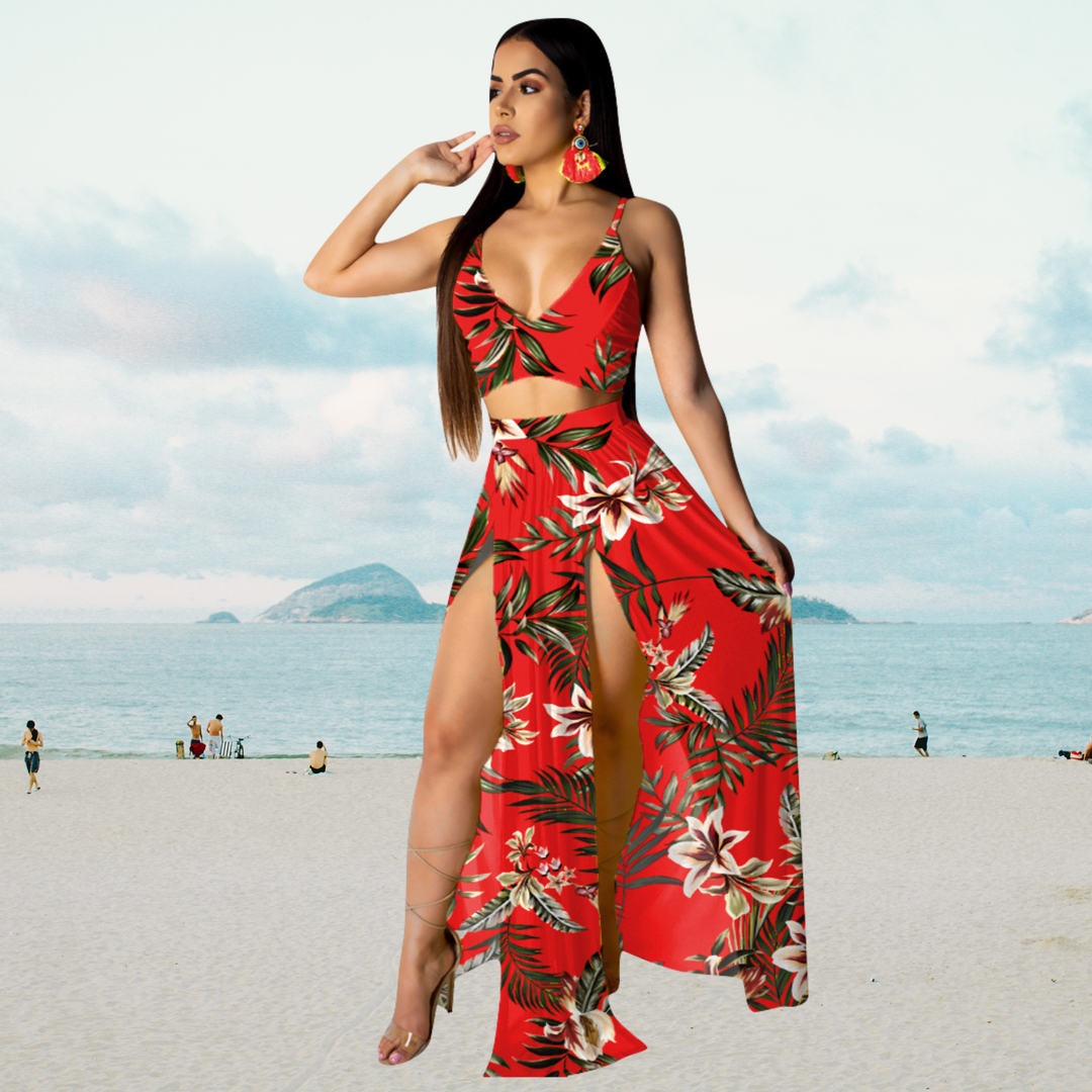 Summer set with halter top and long skirt with slit – Naïma