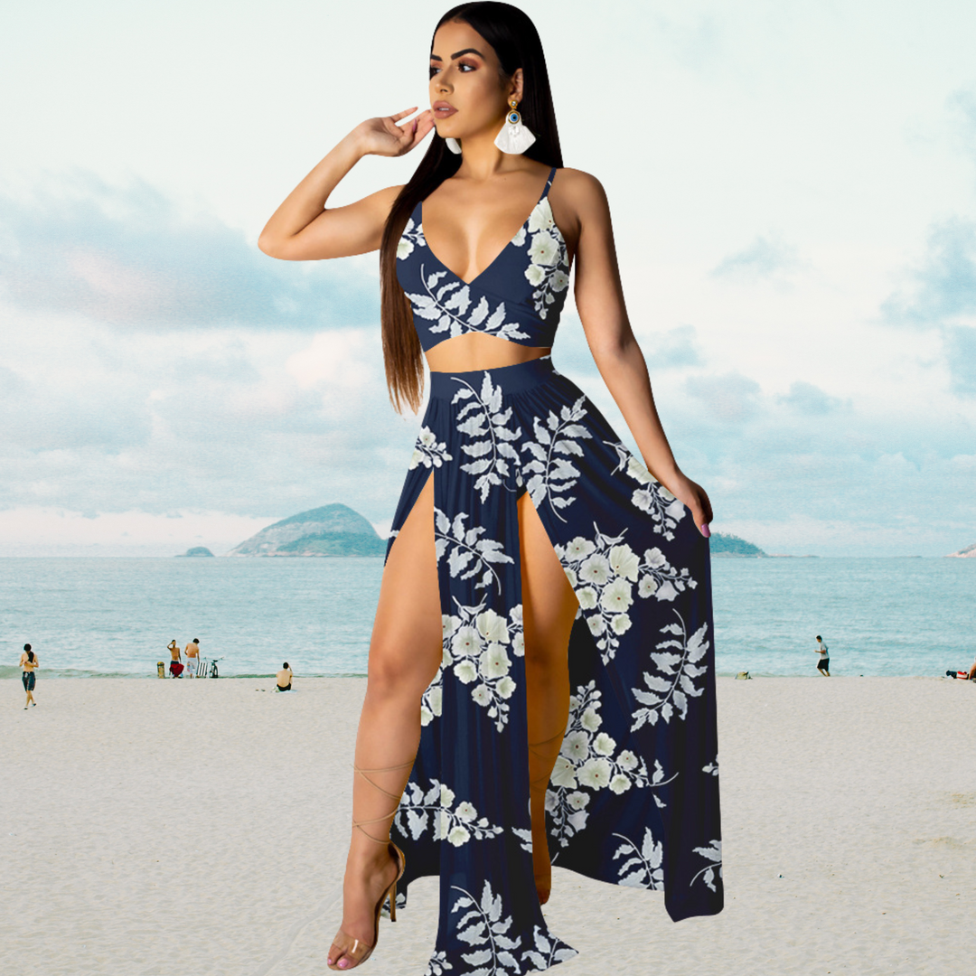 Summer set with halter top and long skirt with slit – Naïma