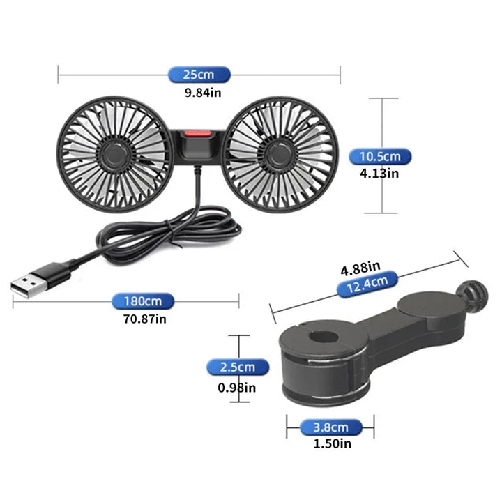 Tragbarer USB-Doppelkopf-Autoventilator 360° Drehbar mit 3 Geschwindigkeiten – CoolBreeze