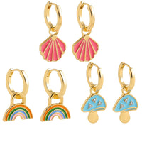 Ohrring-Set 3-teilig | Goldfarben | Regenbogen, Muschel & Pilz