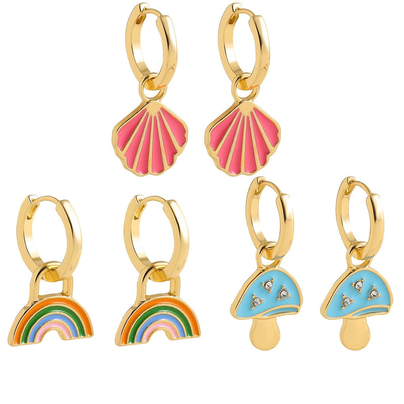 Ohrring-Set 3-teilig | Goldfarben | Regenbogen, Muschel & Pilz