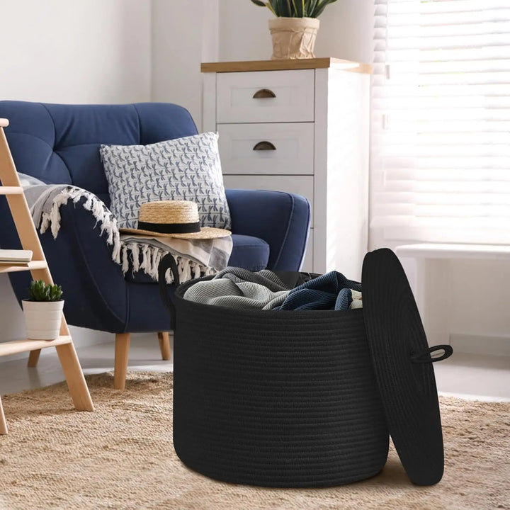 Large Black Cotton Rope Storage Basket with Lid – Selwyn 