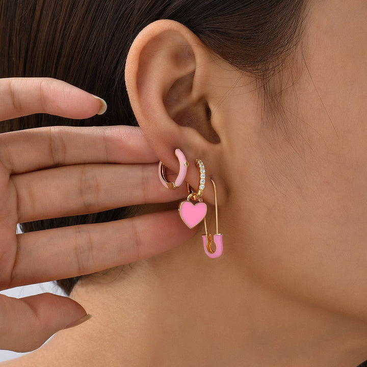 Earrings Set 3-piece | We Love Pink | Heart, Pin & Stones