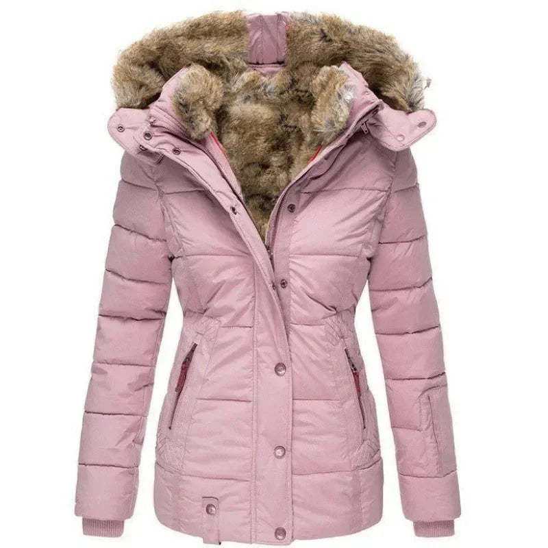 Gewatteerde parka in roze, voorkant met bontgevoerde capuchon en bontrand, ritssluiting met drukknopen en taillezakken. 6