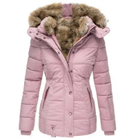 Gewatteerde parka in roze, voorkant met bontgevoerde capuchon en bontrand, ritssluiting met drukknopen en taillezakken. 6