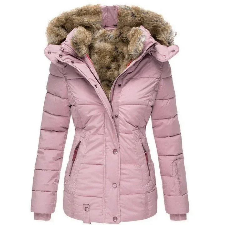 Gewatteerde parka in roze, voorkant met bontgevoerde capuchon en bontrand, ritssluiting met drukknopen en taillezakken. 6