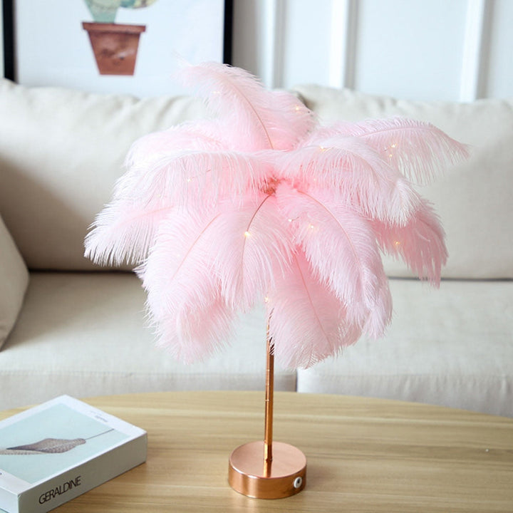 Ostrich Night Lamp | Eccentric Lamp with Feathers & Rose Gold Base