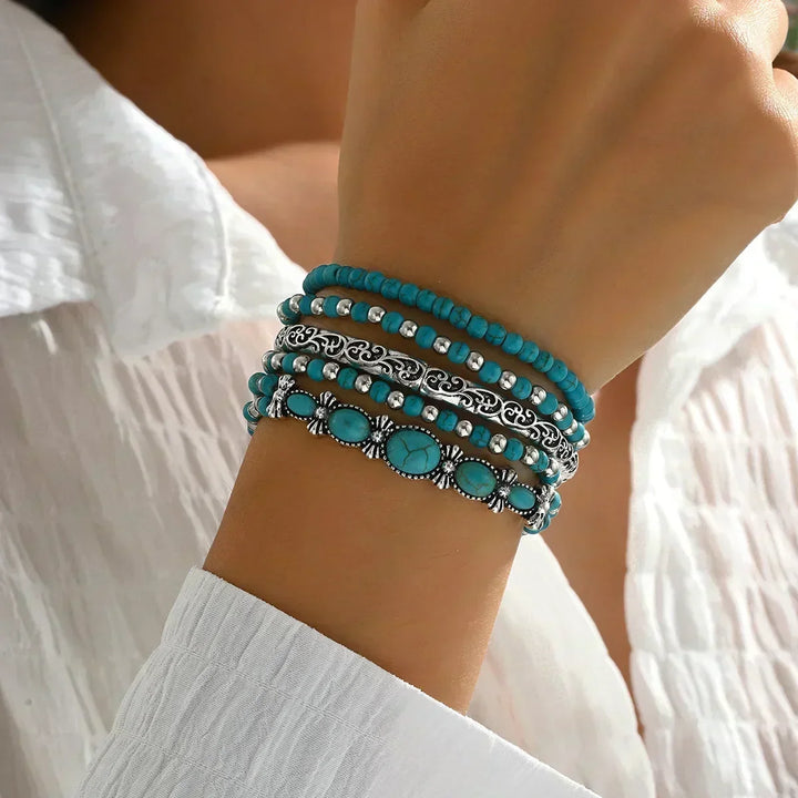 Bohemian Bracelet Set – 5-Piece Turquoise Beaded Stack 2