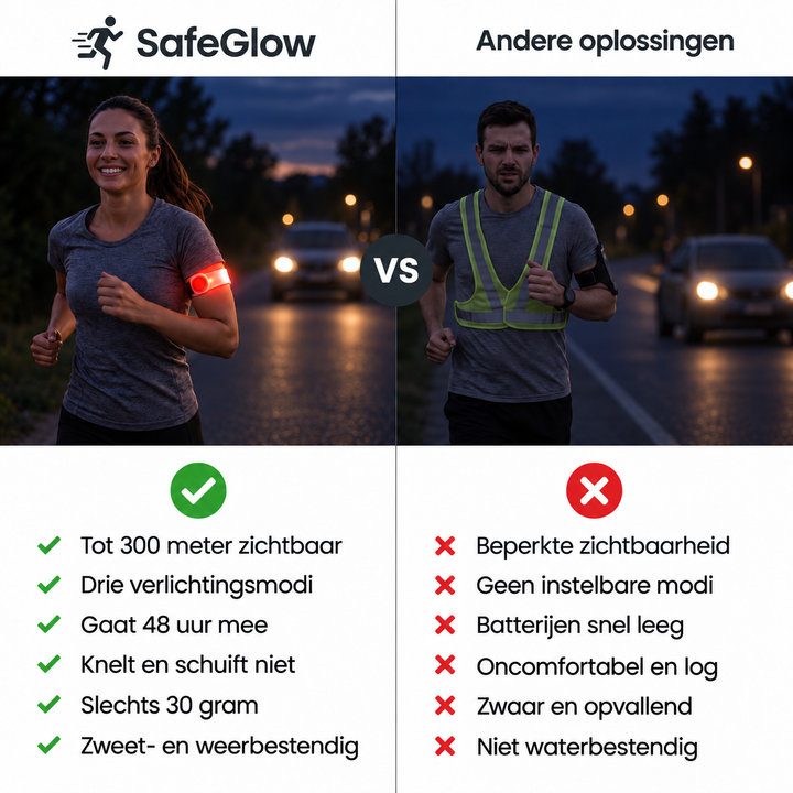 Vergelijking van een hardloopster met oplichtende armband en een hardloper met reflecterend hesje 6