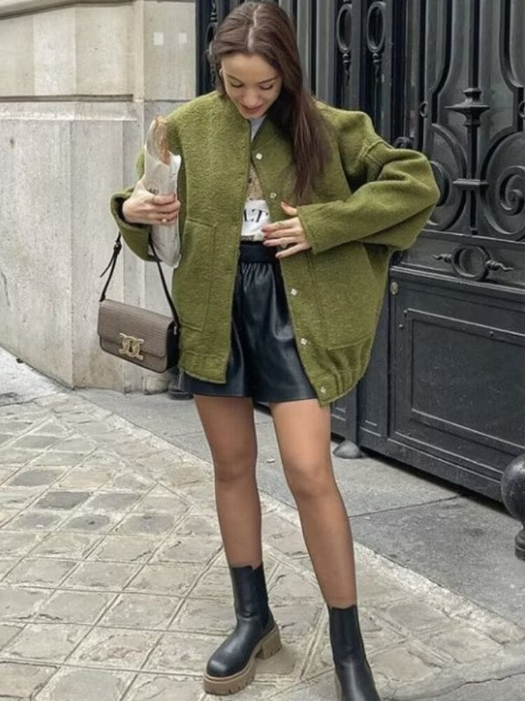 Oversized Wool Coat with Round Neck and Buttons - Selena