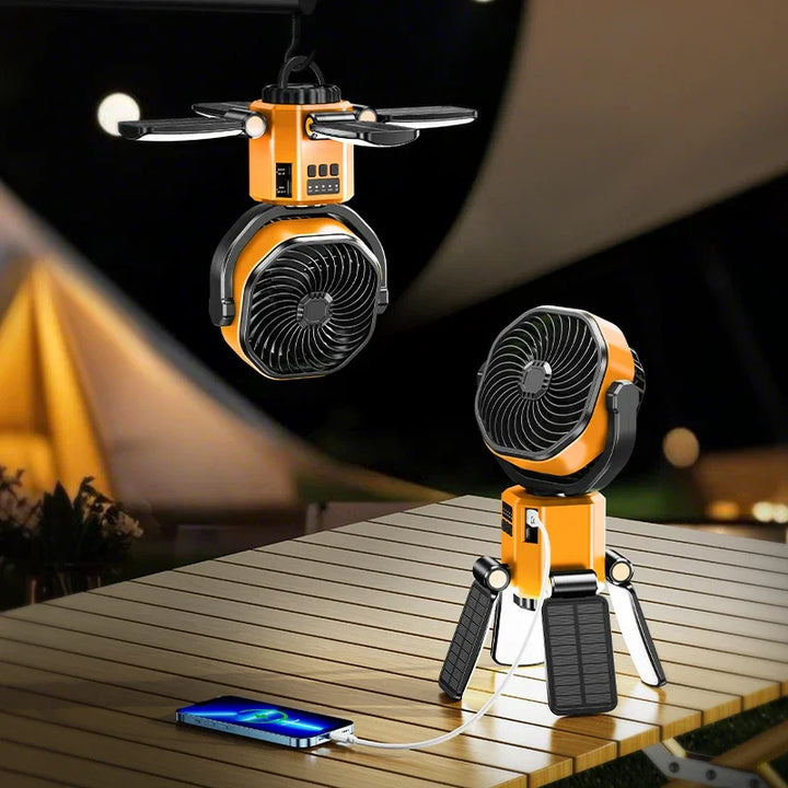 Zonnedraagbare Campingventilator met 6000mAh Batterij, LED-Licht & 4-Snelheden Koeling – SunBreeze