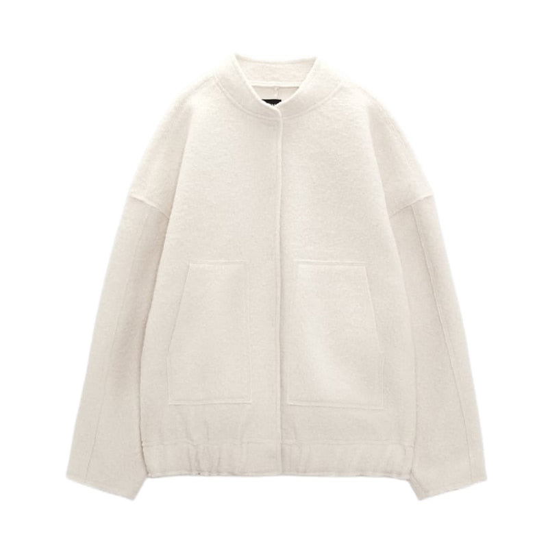 Oversized Wool Coat with Round Neck and Buttons - Selena