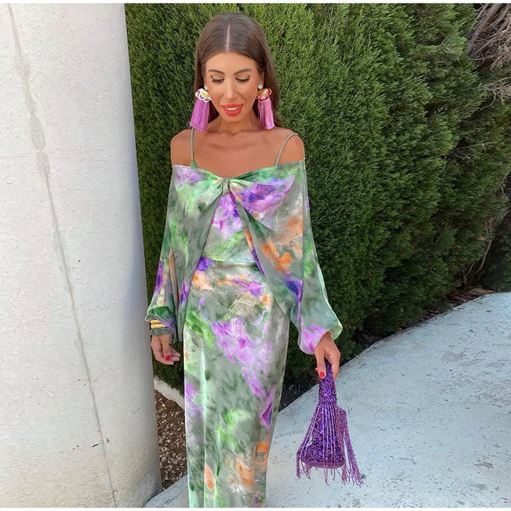 Colorful Halo-Dye Maxi Dress with Removable Scarf - Olivia