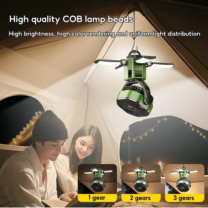 Zonnedraagbare Campingventilator met 6000mAh Batterij, LED-Licht & 4-Snelheden Koeling – SunBreeze