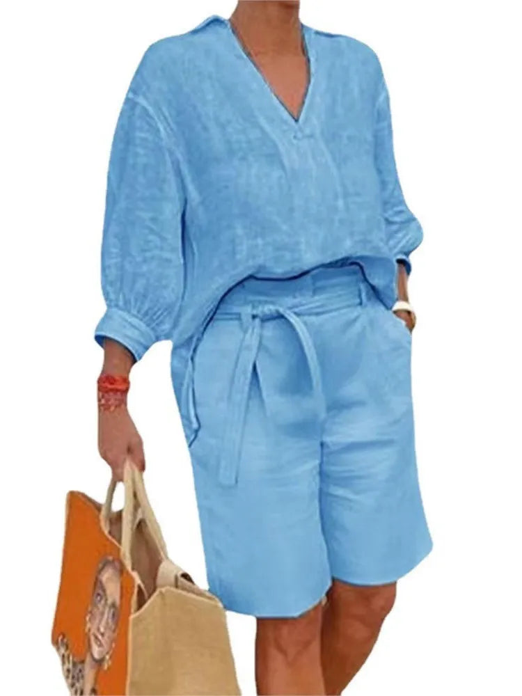 Luftiges & Stilvolles Zweiteiliges Leinen-Damen-Set mit Bluse & Shorts – Malea