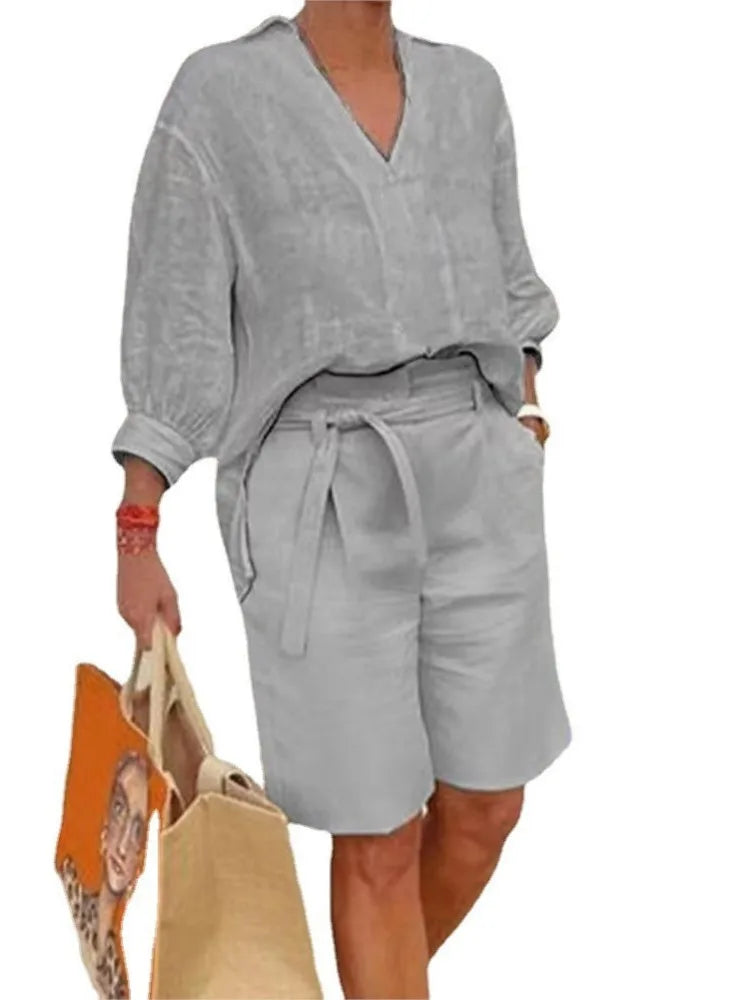 Luftiges & Stilvolles Zweiteiliges Leinen-Damen-Set mit Bluse & Shorts – Malea