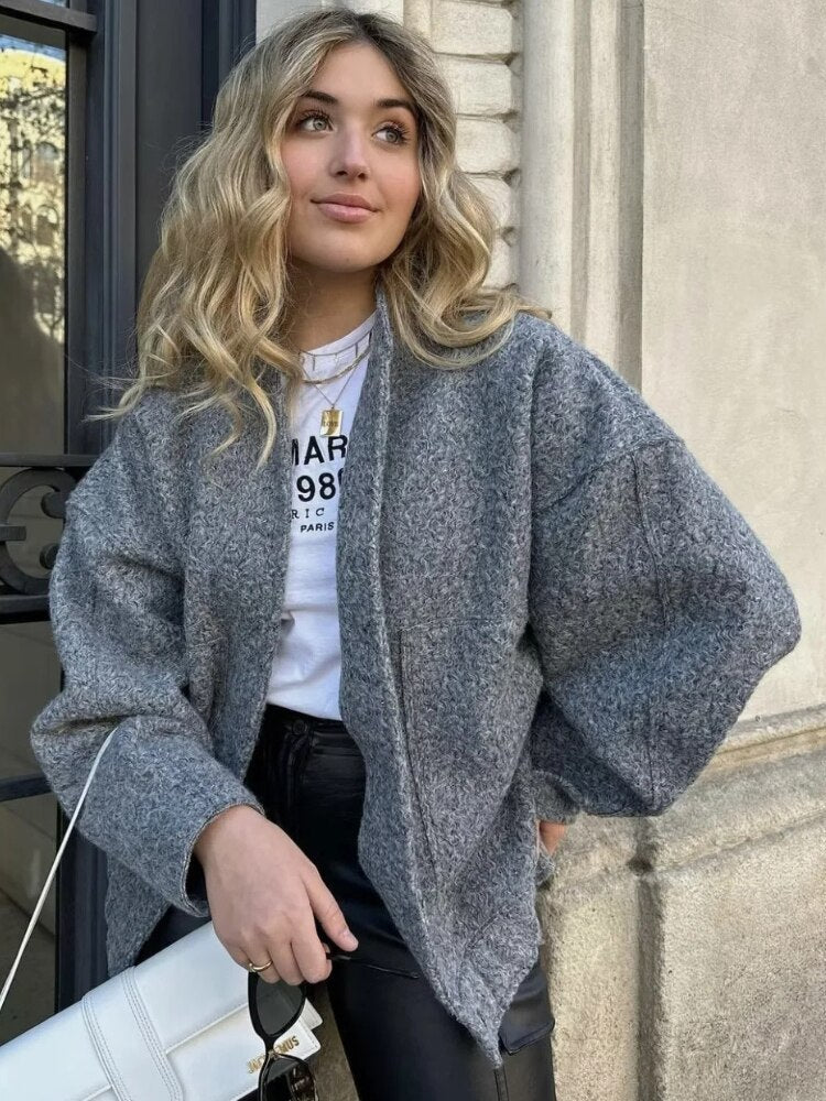 Oversized Wool Coat with Round Neck and Buttons - Selena