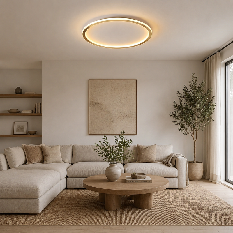 Ronde plafondlamp met warm licht in een woonkamer met hoekbank, ronde salontafel en olijfboom 6