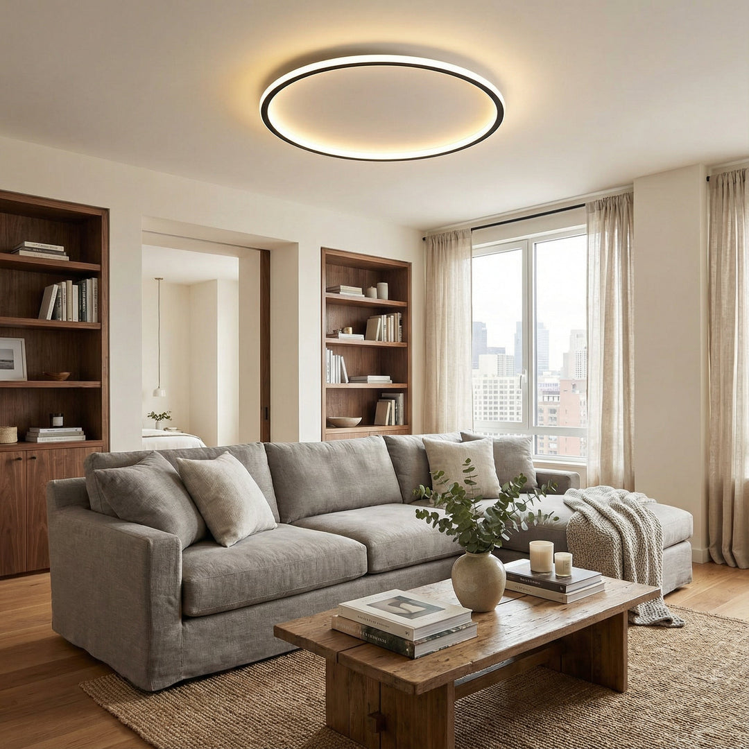 Ronde plafondlamp aan en boven een gezellige woonkamer met grijze bank, houten salontafel en boekenkasten. 4