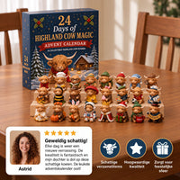 Blauwe adventsdoos met alle 24 hooglanderfiguurtjes in kerstkostuums op houten trapjes, met klantreview en pictogrammen 1