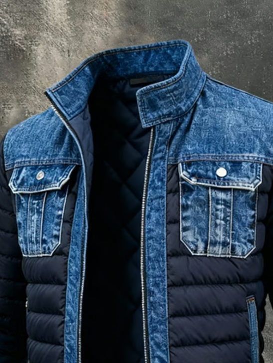 Bovenkant van de jack van voren, met opstaande denim kraag, twee knoopzakken op de borst en de gewatteerde voering zichtbaar bij de geopende rits. 3