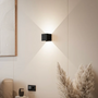 Zwarte kubusvormige wandlamp op een beige muur die licht naar boven en beneden werpt, naast een schilderij en pampasgras. 1