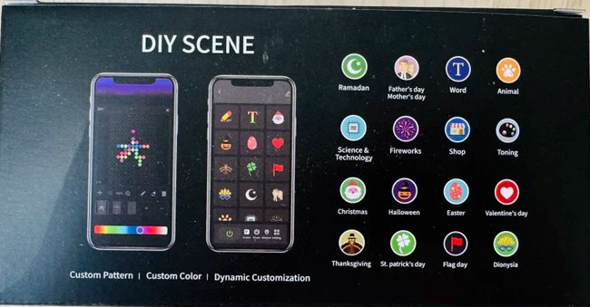 Achterkant van de verpakking met telefoonschermen van de app en pictogrammen voor feestdagen en eigen patronen 11