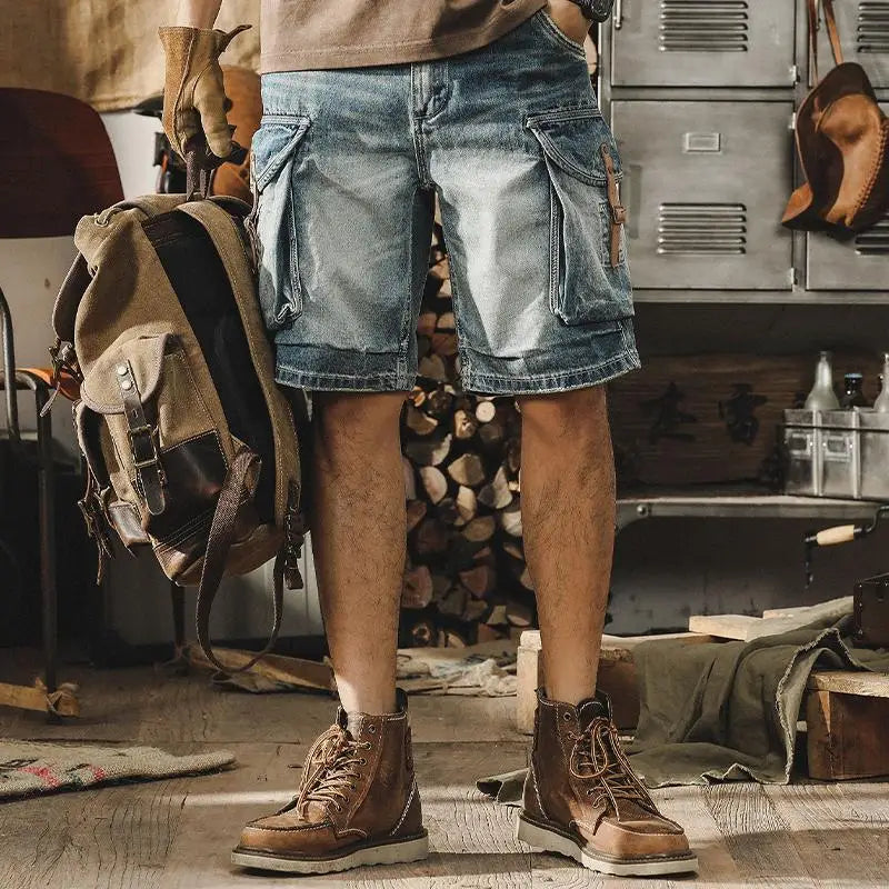 Heren Denim-Cargo-Bermuda in Retro Motorstijl – Ronex